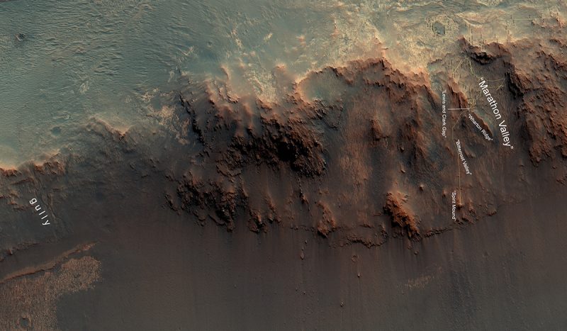 Overhead view of Mars’ Wharton Ridge and its surroundings within Marathon Valley.