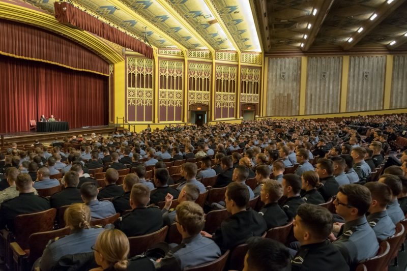 Virginia Tech Corps of Cadets alumni talk with cadets during a Gunfighter Panel in Burruss Auditorium.