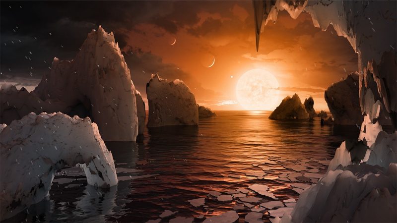 An artist's interpretation of what it might look like standing on the surface of the exoplanet TRAPPIST-1f. 
