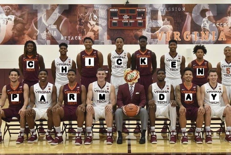 Meme with team portrait of basketball team. Each member has a different letter of "CHICKEN PARM DAY" on their jerseys, and Coach Williams' face is covered with a graphic of the dish.