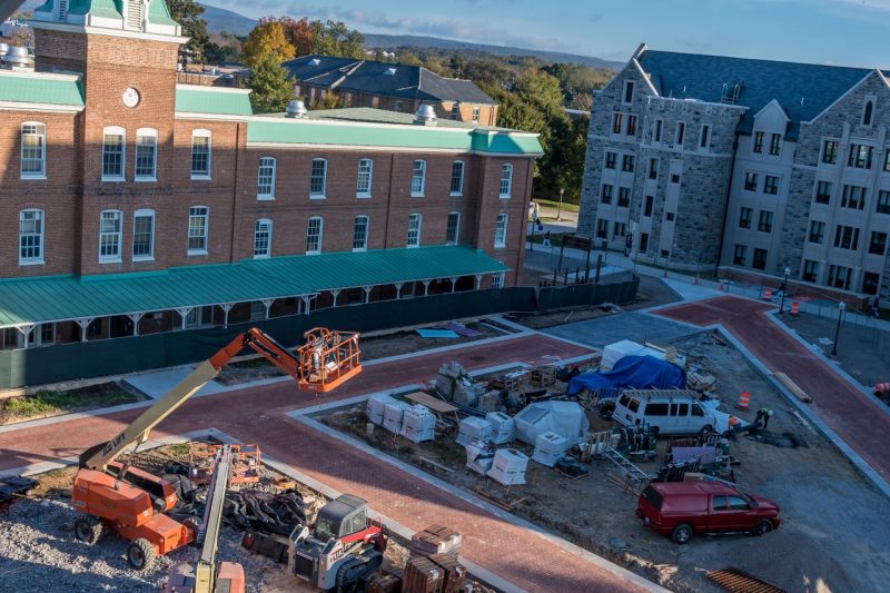 Maroon brick will make up a large "VT" in the new sidewalk in front of Lane Hall.