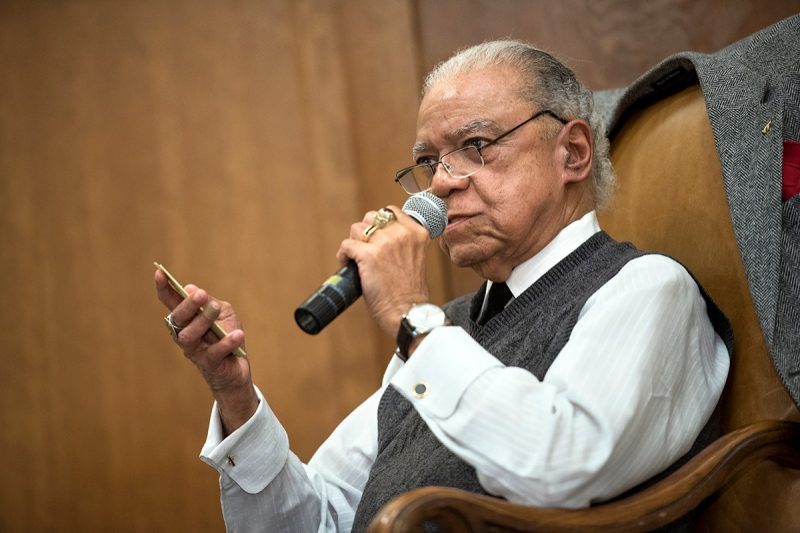 Irving Peddrew, III, who in 1953 was the first African American student admitted to Virginia Tech, speaks at the 2017 Uplifting Black Men Conference. 