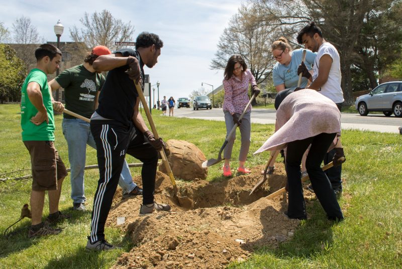 Laura Sands works alongside students planting trees