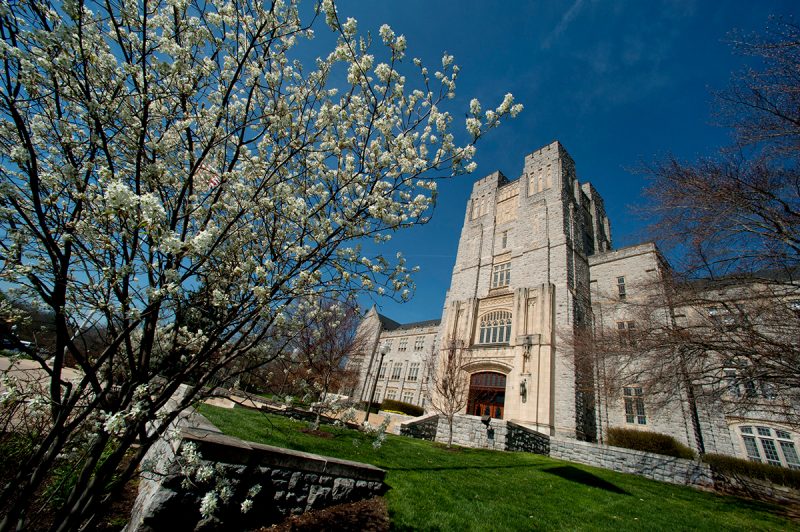 The front of Burruss in the springtime