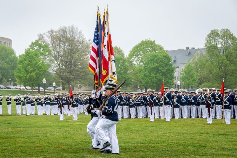 The Corps of Cadets Color Guard marches in the spring Change of Command Parade.