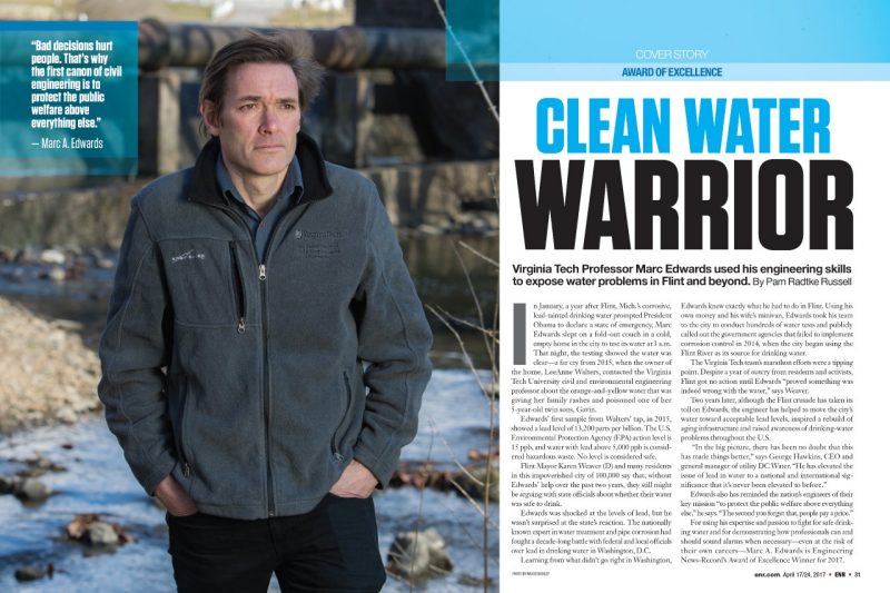 An image of a magazine spread featuring a large image of Marc Edwards and text. The headline reads, "Clean Water Warrior."