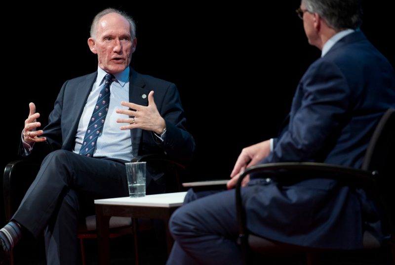 University of Nottingham vice chancellor Sir David Greenaway talks with Virginia Tech President Tim Sands at the latest Beyond Boundaries Presidential Lecture.