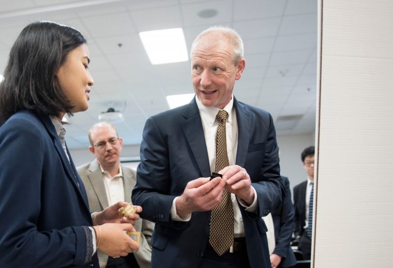 UTC Aerospace Systems Vice President of Engineering and Technology Geoff Hunt attended presentations from students in a capstone course made possible at Virginia Tech through the philanthropy and involvement of his company.