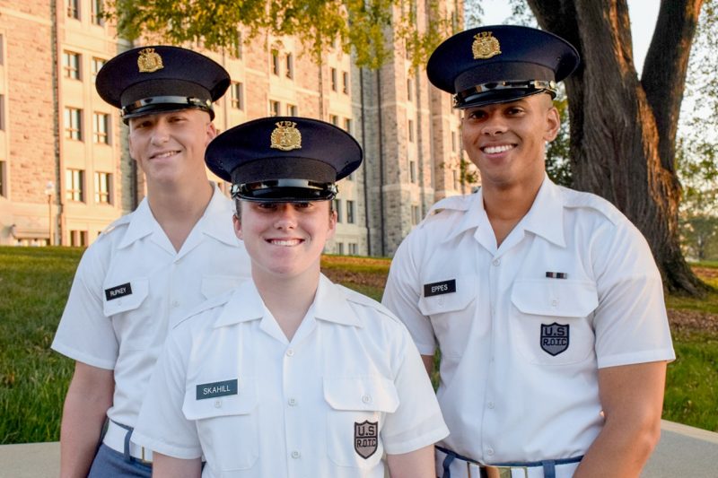 From left: Cadets Liam Rupkey of Amelia, Virginia; Jillian Skahill, of Bear, Delaware; and Devan Edward Eppes, of Farmville, Virginia.