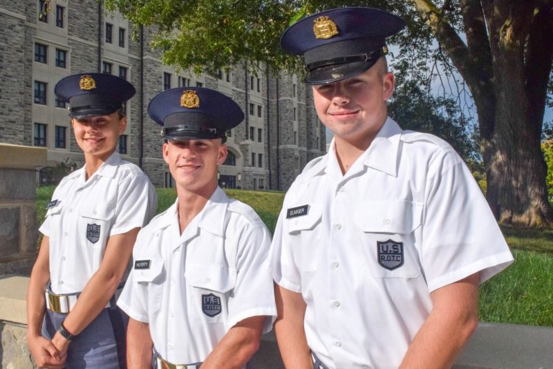 From left are cadets Madison Schickel, Brian "Buck" Hilferty, and Ryan Elmiger.