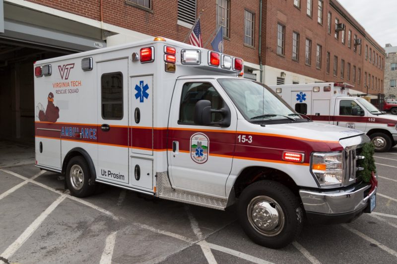 The Virginia Tech Rescue Squad's newest ambulance sits idly outside the rescue station.