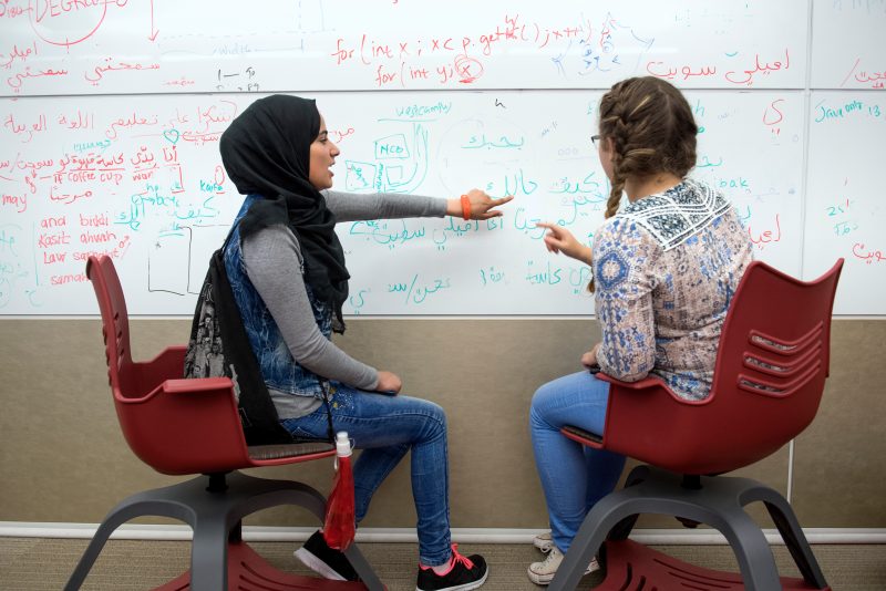 Young women from the Middle East and North Africa at coding camp.