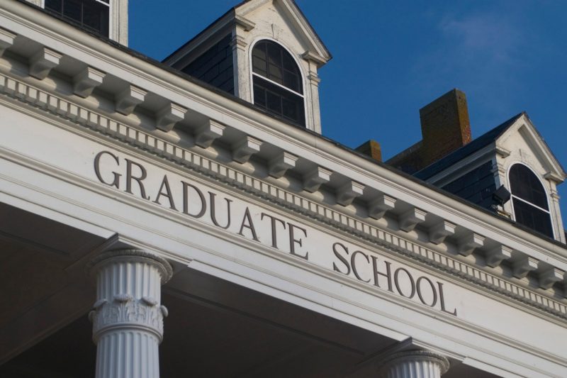 A detail of the portico over the entrance to the Graduate Life Center