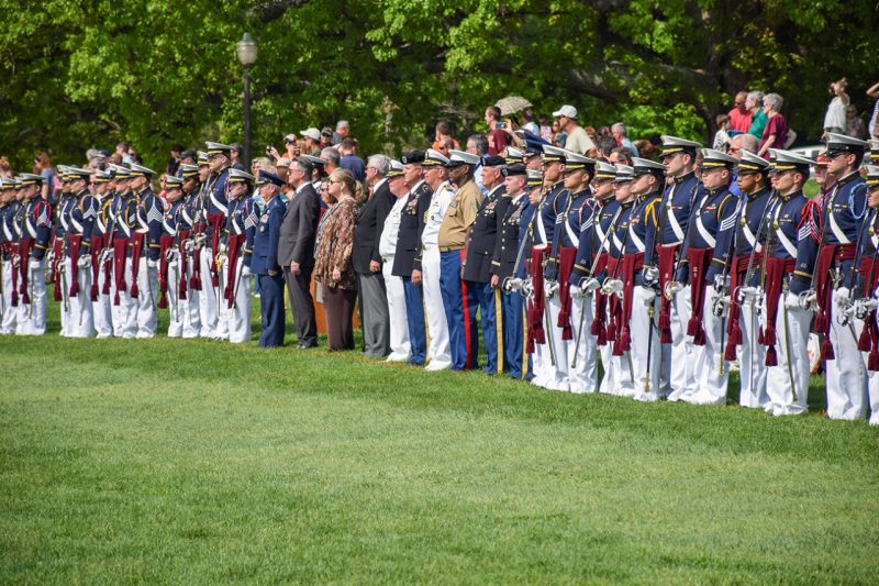 Senior cadets line up alongside corps staff members and special guests during the annual Change of Command pass in review.