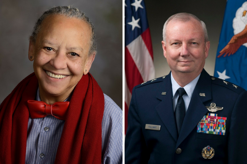 University Distinguished Professor and poet Nikki Giovanni (right) and Major General Randy Fullhart (Ret.), commandant for the Corps of Cadets, (left).
