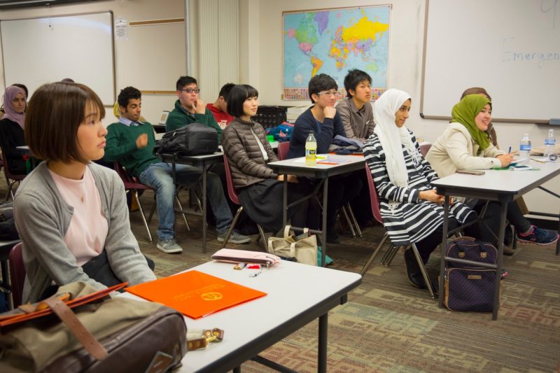 International students sitting at desks in class