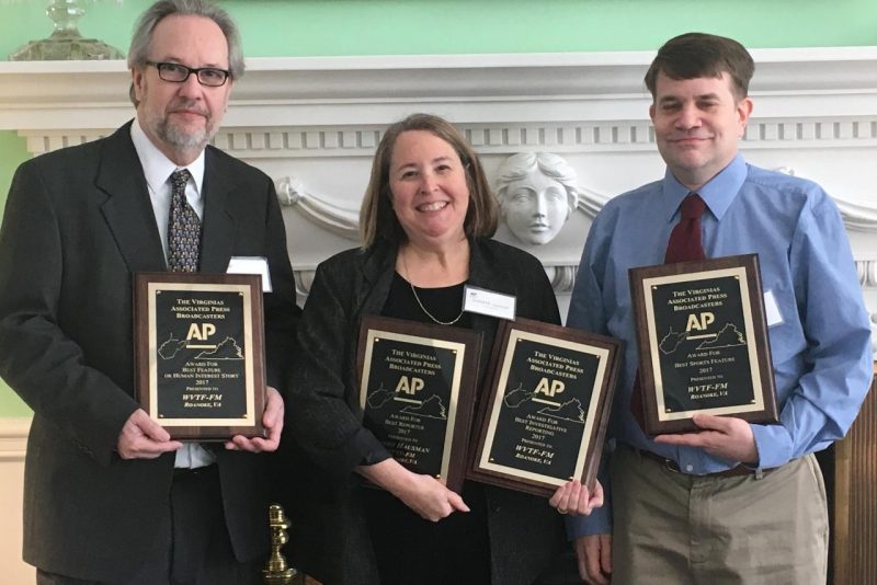 Luke Church, Sandy Hausman, and Jeff Bossert pose with their individual, first-place awards from the Virginias Associated Press Broadcasters