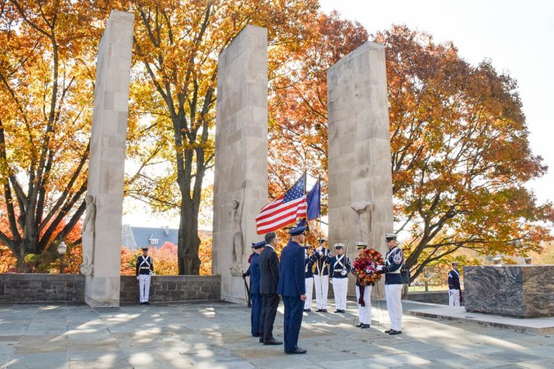 Cadets place the memorial wreath at the Pylons for Veterans Day.
