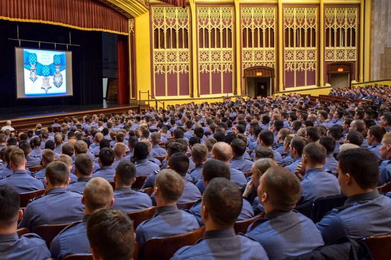 Burruss Auditorium is filled with cadets.