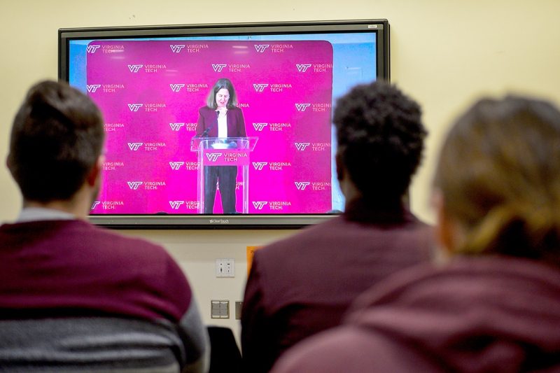 Virginia Tech students in Blacksburg watch the live-stream of the university's news conference to build the Innovation Campus in Alexandria. 