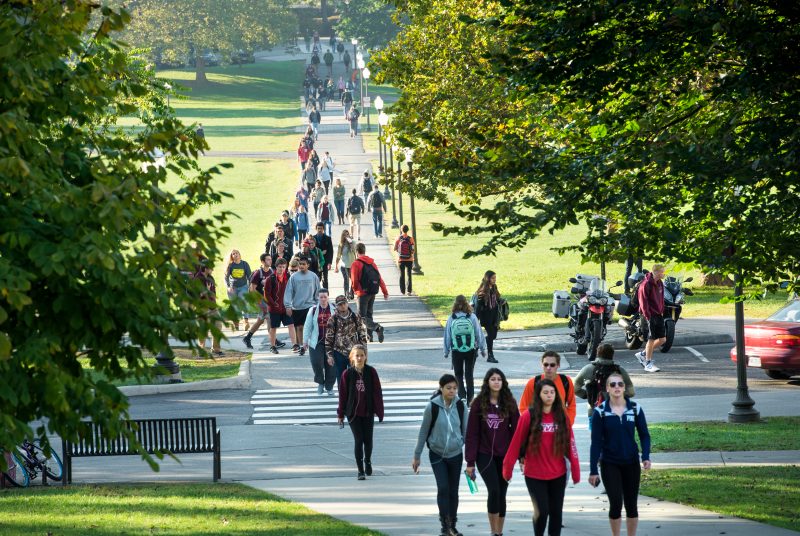 Students walk across the Drillfield