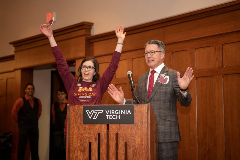 Virginia Tech Director of Annual Giving Heather Kopec and university President Tim Sands at the Giving Day kickoff event in Blacksburg.