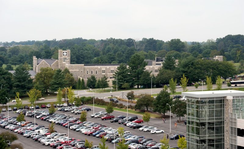 Alumni Center, Perry Street Parking Garage and parking as seen from roof of Whittemore Hall.