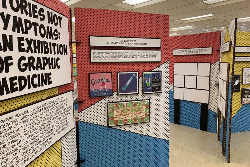 The colorful Stories Not Symptoms exhibit highlights the use of graphic medicine or comics as an educational and healing tool.