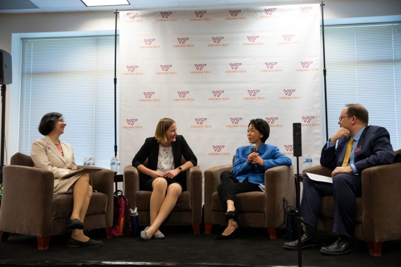 Graduate School Associate Dean Kenneth Wong, right, moderates a panel discussing entrepreneurship and graduate education. Panelists: Afroze Mohammed, Laura Freeman, and Betty Chao.