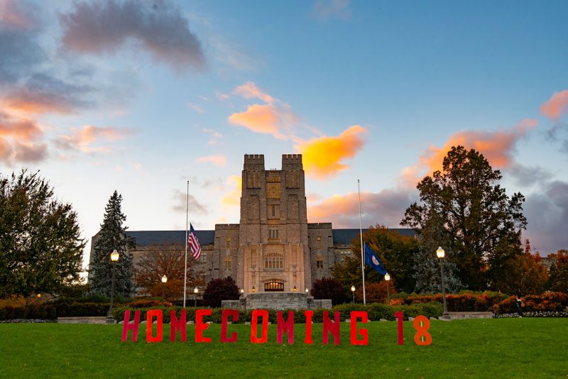 Homecoming spelled out in large letters in front of Burruss Hall