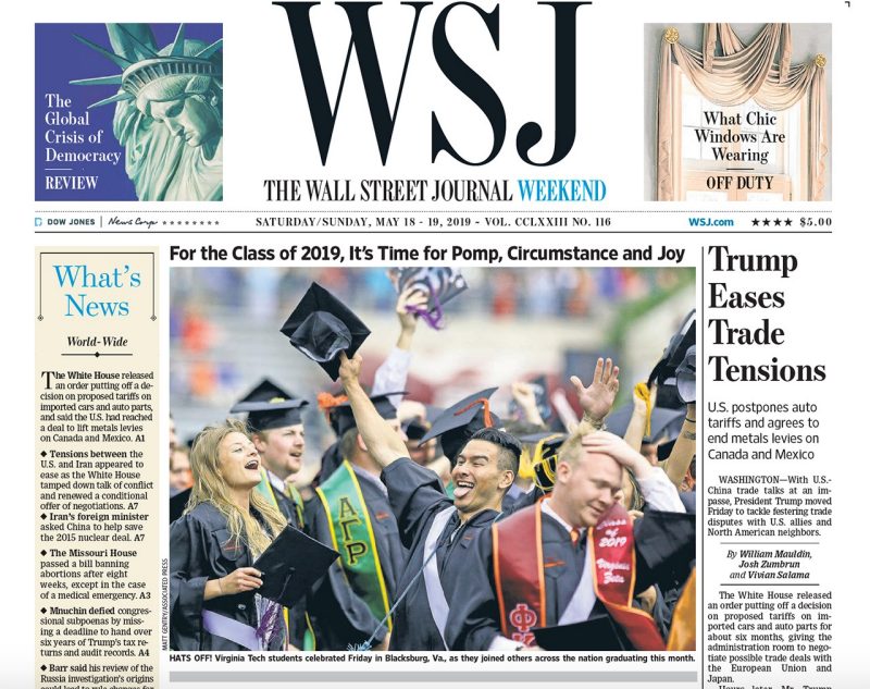 Front page of Wall Street Journal on Saturday, May 18