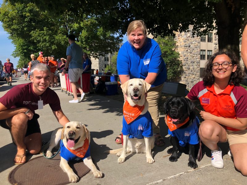 Vice President for Student Affairs Patty Perillo with students and therapy dogs during 2019 move-in.