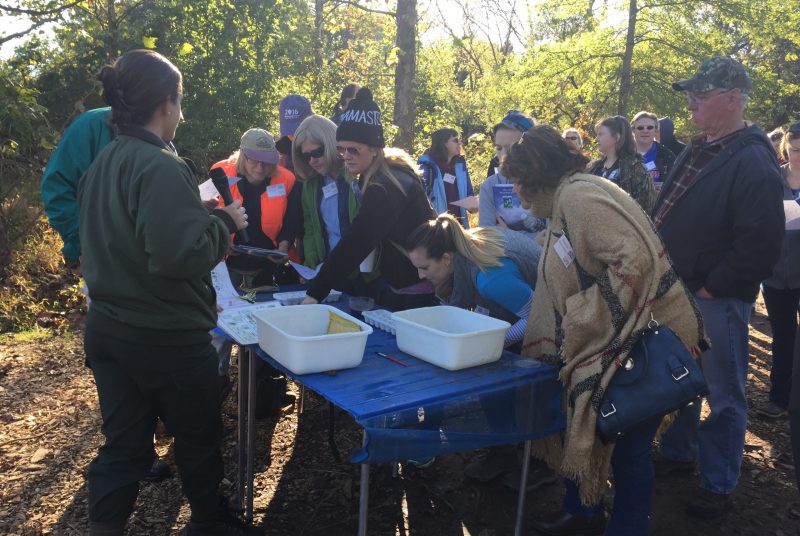 A group of about 20 people stand in a wooded area. Several lean over a folding table that contains two rectangular bins and several ice cube trays.