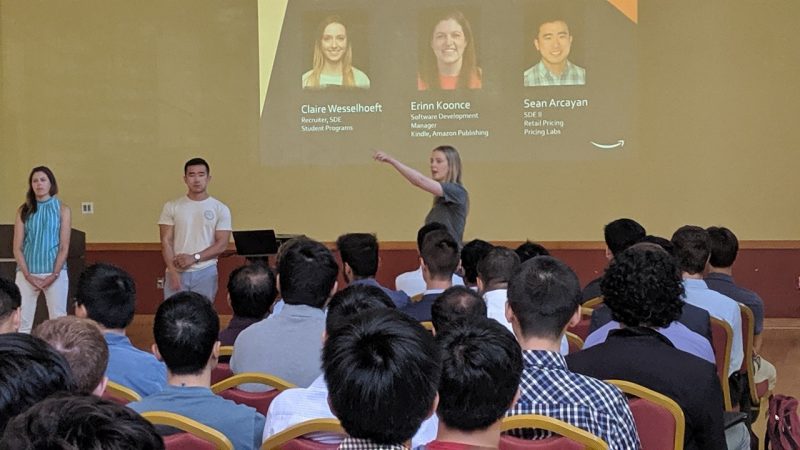 Claire Wesselhoeft, recruiter for Amazon student programs, and her team, including Virginia Tech computer science graduates Erinn Koonce and Sean Arcayan, take questions from the more than 100 students attending the information session.