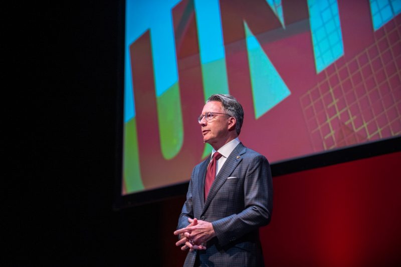 President Tim Sands delivers the 2019 State of the University address at the Moss Arts Center.