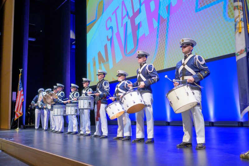 The Corps of Cadets Highty-Tighties perform before the 2019 State of the University address at Moss Arts Center.