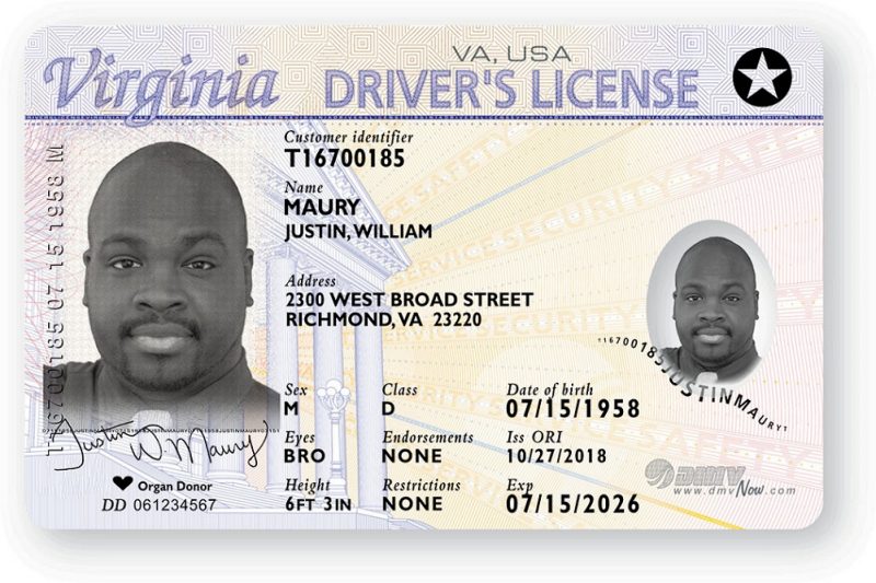 Image of Real ID card from Virginia DMV 