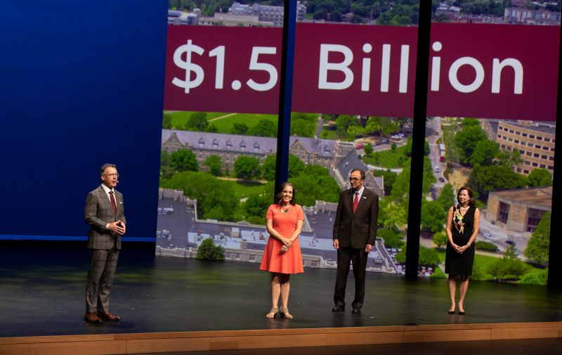 Virginia Tech President Tim Sands and tri-chairs Morgan Blackwood Patel, Horacio Valeiras, and Lynne Doughtie at the Oct. 11, 2019, launch of Boundless Impact: The Campaign for Virginia Tech.
