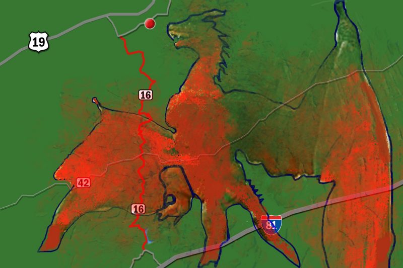Map of Highway 16 is overlaid with dragon illustration