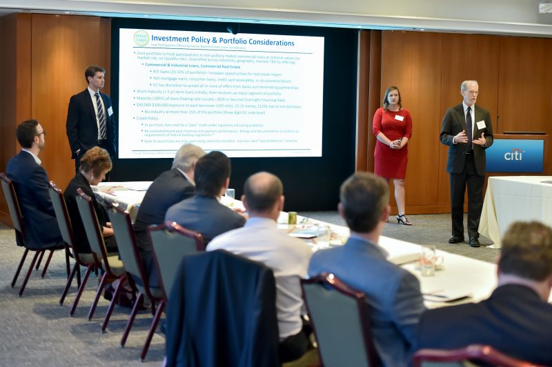 Finance professor George Morgan and finance students Quillin Gaffey (left) and Tracy Christensen presented the proposal at a meeting of the finance department’s advisory board in New York in April 2019. Christensen is a member of Credit Corps.