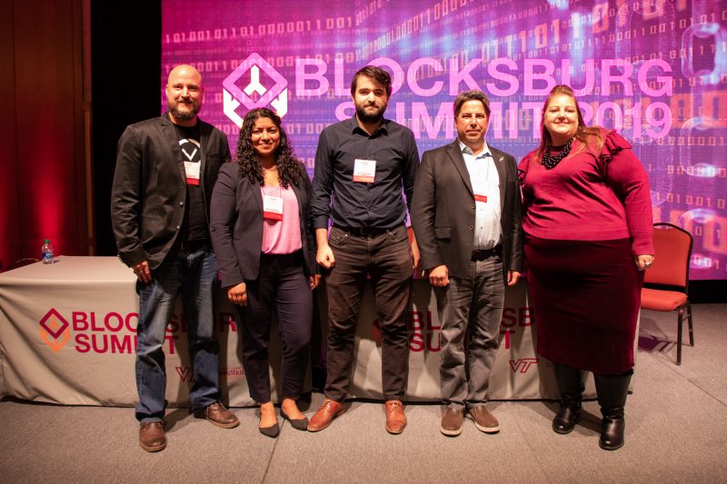Members of the Innovation Panel II at Blocksburg Summit 2019, from left, Adam Ernest, chief executive officer and founder, Follow My Vote, Inc.; Elizabeth Jose, chief executive officer and founder, Flewid Capital, Inc.; Raphael Gaudreault, chief technical officer, Eva; John Jefferies, chief marketing officer, CipherTrace,; and Jennifer O'Daniel, moderator and investment director; Center for Innovative Technology. 
