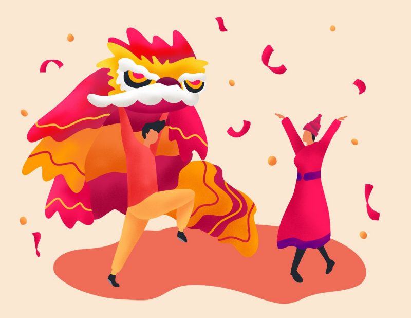 dancing dragon with two people for a festival