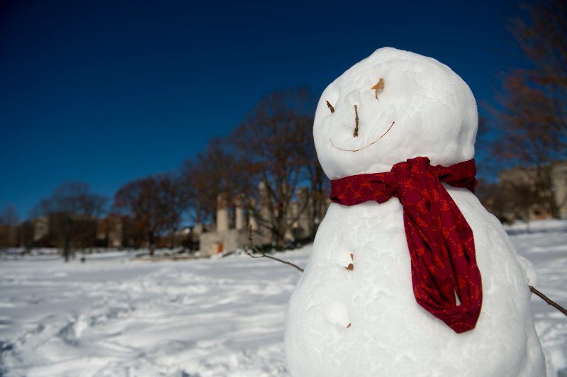 A snowman stands on the Drillfield on Monday, December 10, 2018 at Virginia Tech