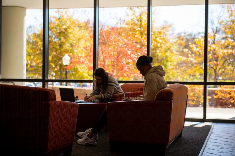 Students study in Squires next to windows overlooking orange and yellow-leaved trees