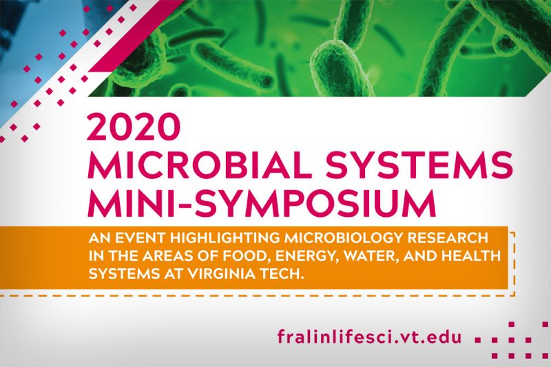 A poster reads the words "2020 Microbial Systems Mini-Symposium". A subheading states "An event highlighting microbiology research in the areas of food, energy, water, and health systems at Virginia Tech." 