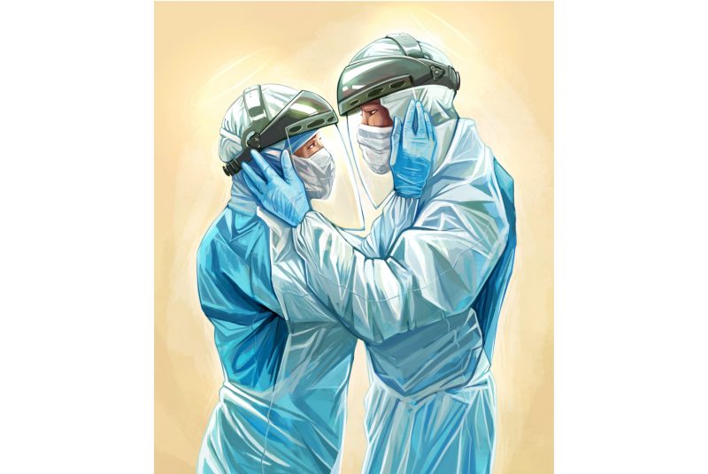 Two masked healthcare workers embrace in this digital creation of a photo.