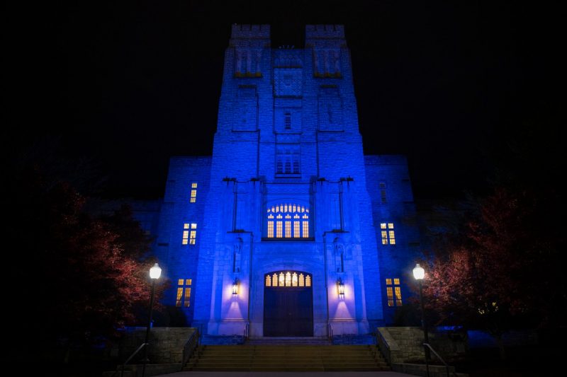 April 14, 2020 - Burruss Hall is lit up in blue lights to pay tribute to health care workers battling the Covid-19 pandemic. (Ryan Young / Virginia Tech) 
