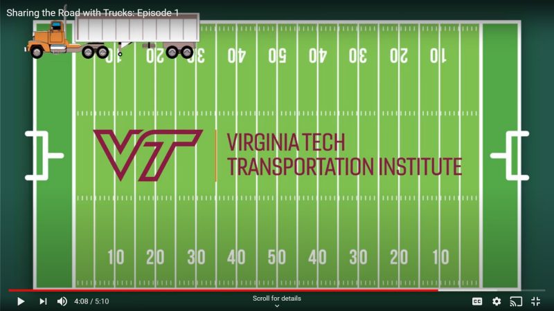Football field with VTTI logo on top and a graphic of a tractor-trailer on the top lefthand corner. At 55 mph, a tractor-trailer could drive the length of an entire football field before it is able to come to a complete stop.
