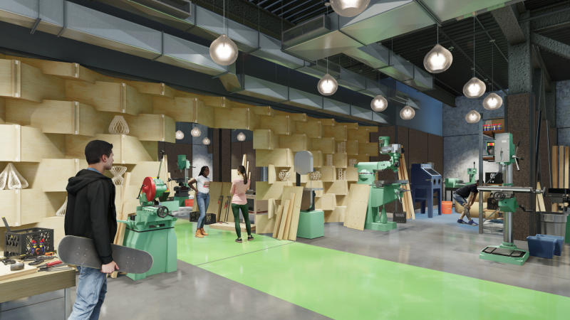Architectural rendering of the Creativity and Innovation District Living Learning Community's makerspace