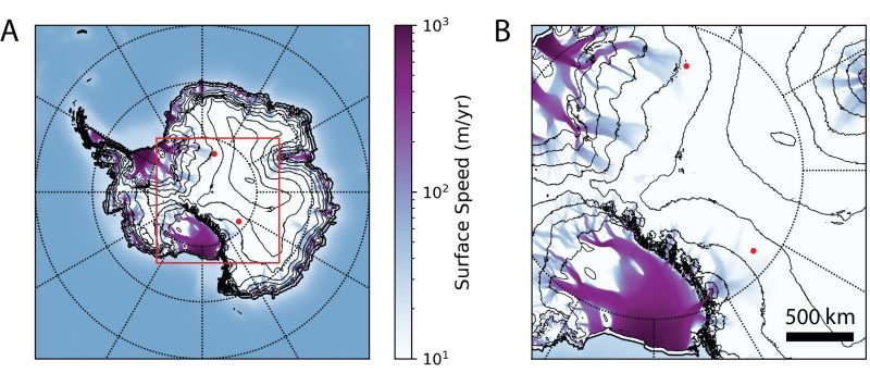 A map (left) and zoom-in (right) of Antarctica, displaying the two anomalous upward-pointing events – represented by red dots -- observed by the ANITA experiment, overlaid with surface ice speed (represented by purple/blue coloring) and 500-meter surface elevation contours. The top red dot represents the anomaly recorded in 2018, while the lower dot represents the anomaly recorded in 2016. Both events lie in low surface ice-speed and high-elevation of 1.86 to 2.17 mile regions, according to Shoemaker. Image courtesy Ian Shoemaker.